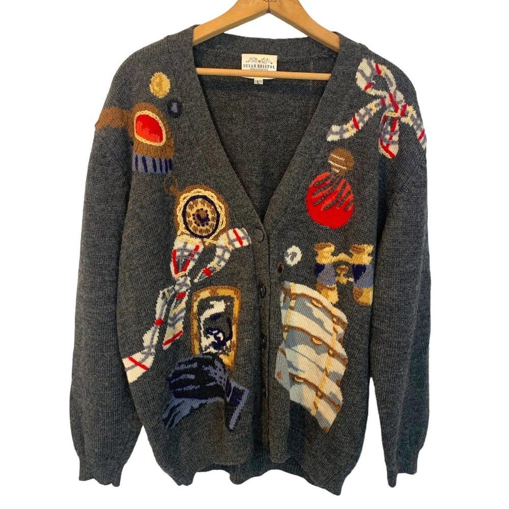 Susan Bristol VTG 1993 Hand Embroidered Wool Christmas Cardigan Sweater Womens L